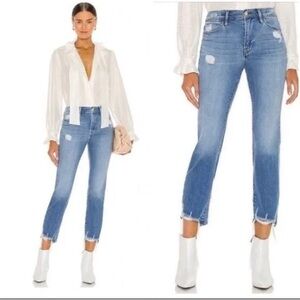 Frame Le High Straight Laskey Rips Distressed Denim Jeans Light Wash Size 23
